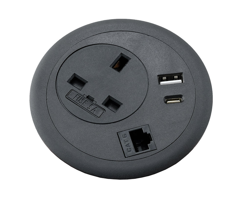 PG80B/CAT6/ACUSB - 80mm Power & USB Desk Grommet + CAT6 Media Slot