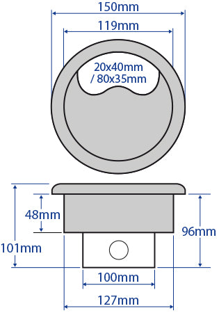 PGS003 - 127mm Stainless Steel Power Grommet with 2 Data Spaces